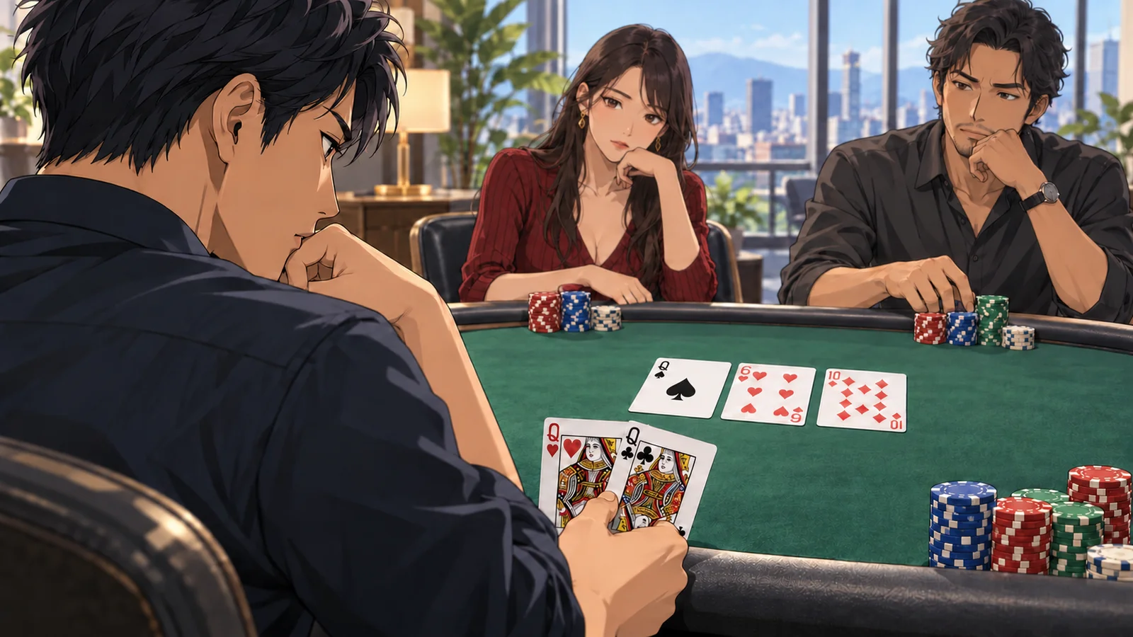 An anime-style player holding the queen of hearts and queen of clubs hesitates to raise on a Q-6-T flop while two opponents wait
