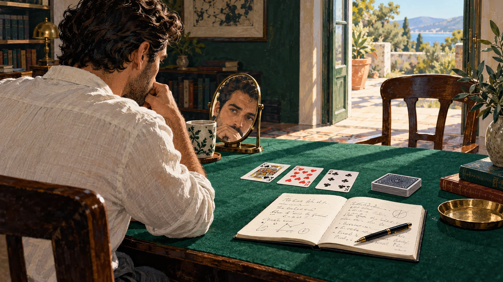 Original illustration of an adult poker player reviewing cards and notes at a green felt table, with a thoughtful reflection in a mirror and an open doorway behind