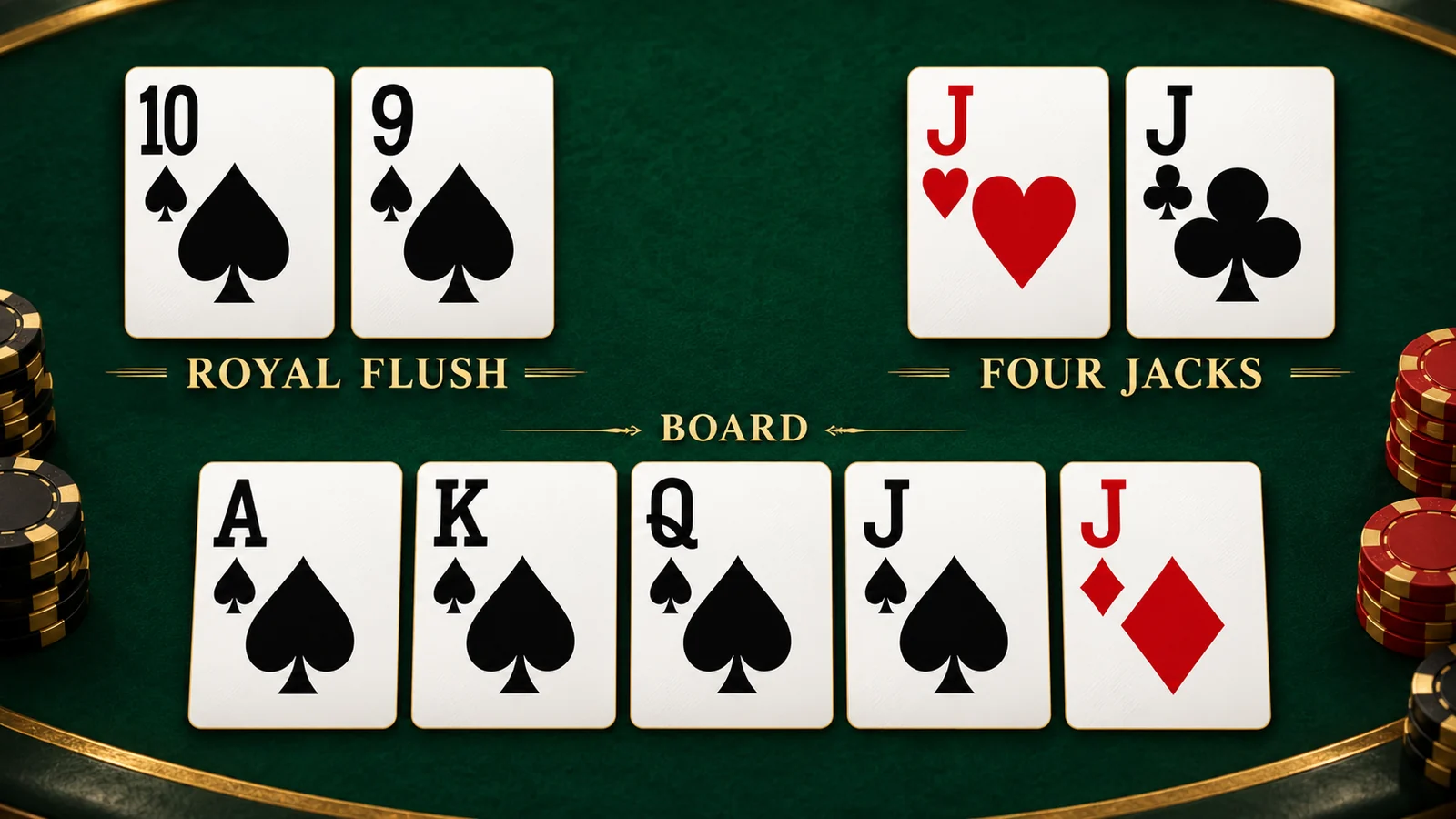 Illustrative cooler on an As Ks Qs Js Jd board, with Ts 9s making a royal flush on the left against Jh Jc making four jacks on the right