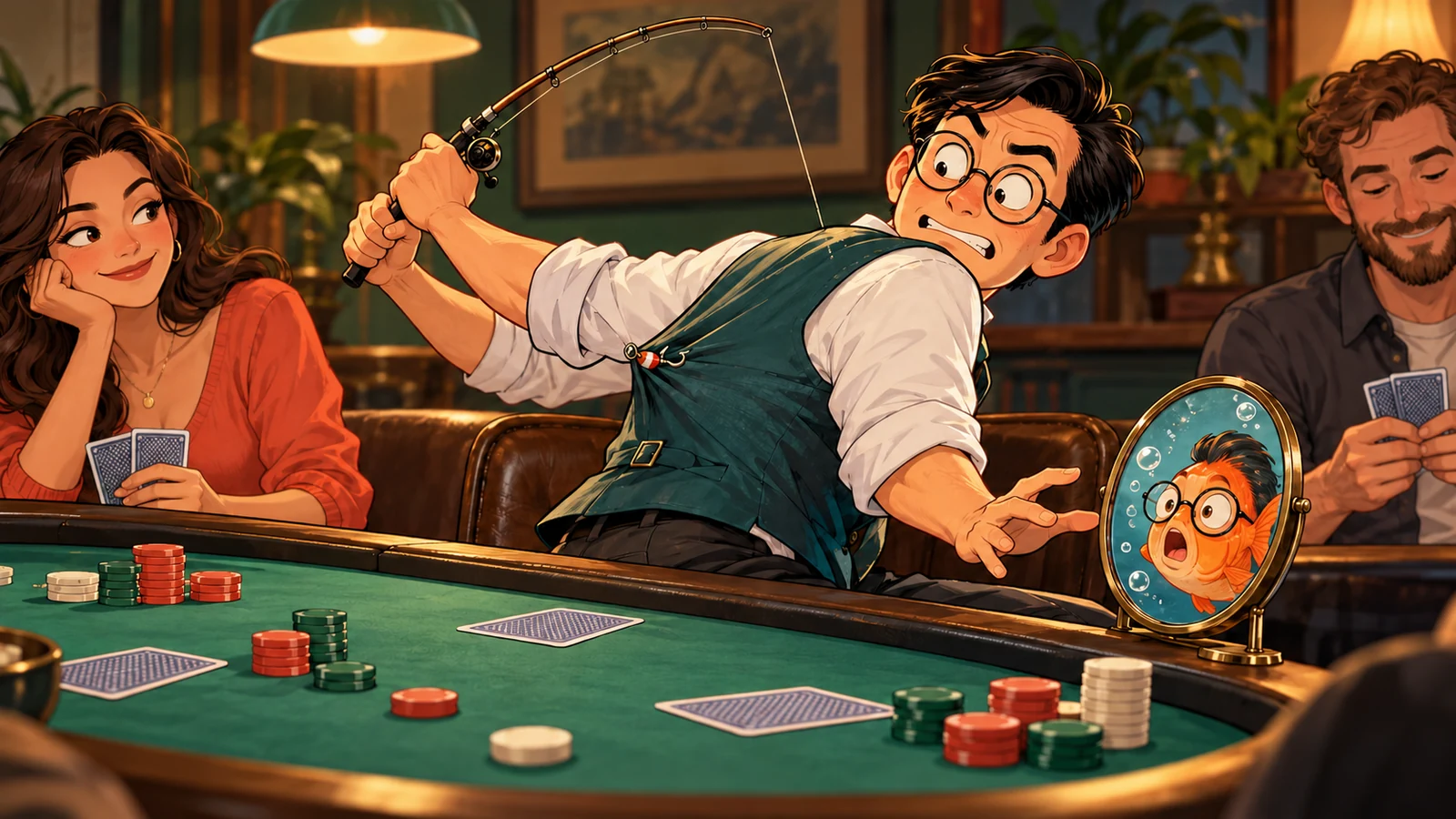 Original editorial cartoon of an adult poker player whose fishing hook catches his own vest while a mirror reveals a surprised fish wearing his glasses