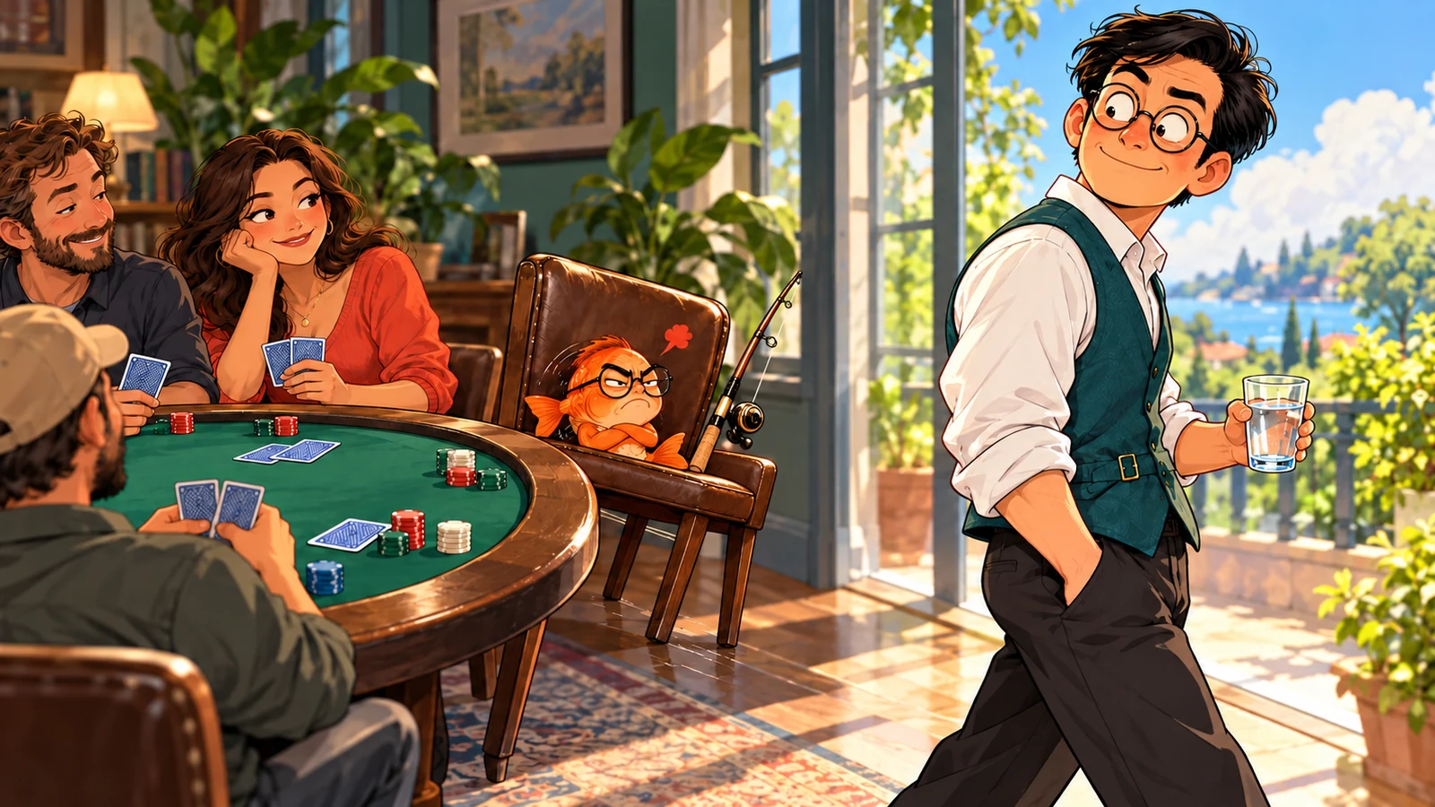 The player walks away with a glass of water, leaving his fishing rod and a tiny irritated fish in matching glasses on the empty chair