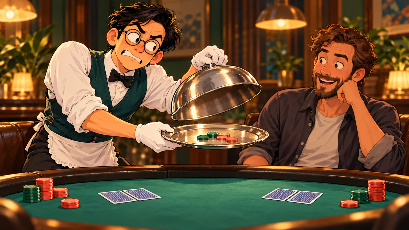 The recurring bespectacled player reluctantly serves a few poker counters on a silver tray to a surprised adult opponent