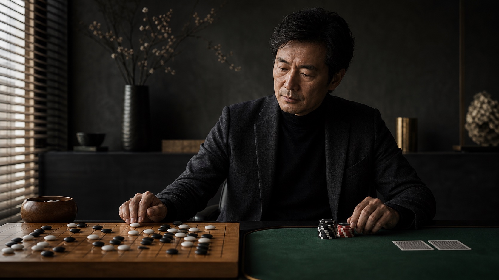 A calm strategist balancing a Go board and a Texas Hold'em table