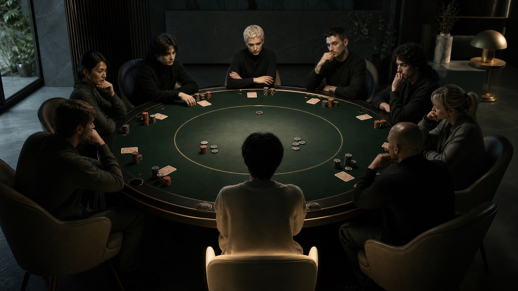 An isolated poker player facing a table of observant opponents