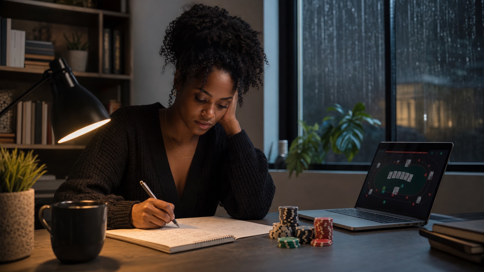 A poker player calmly reviewing a difficult session on a rainy night