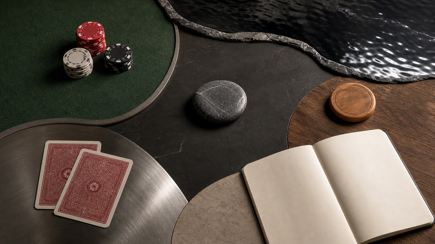 Five tactile training elements arranged beside poker chips and cards