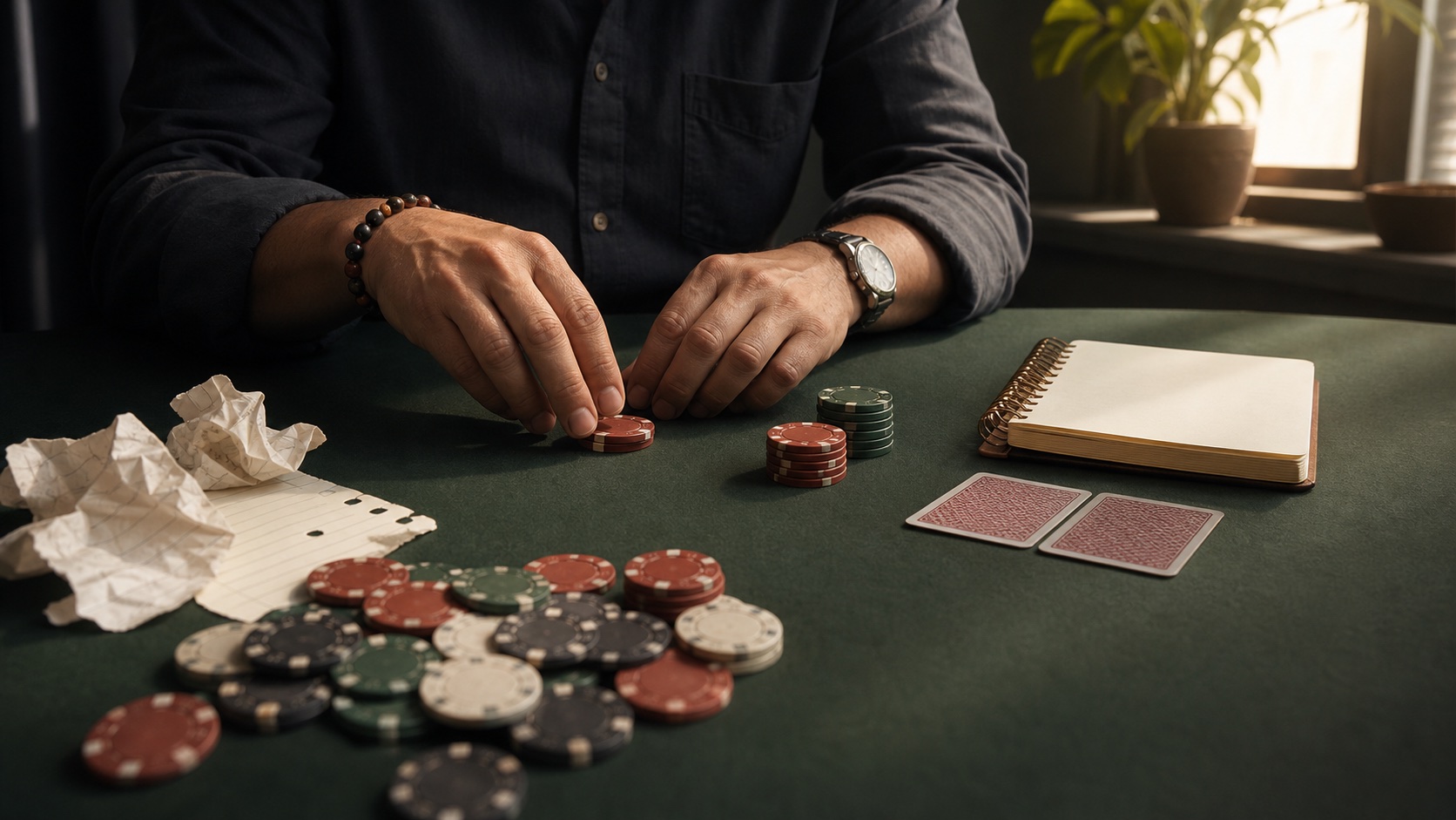 Hands transforming scattered poker chips into calm ordered stacks