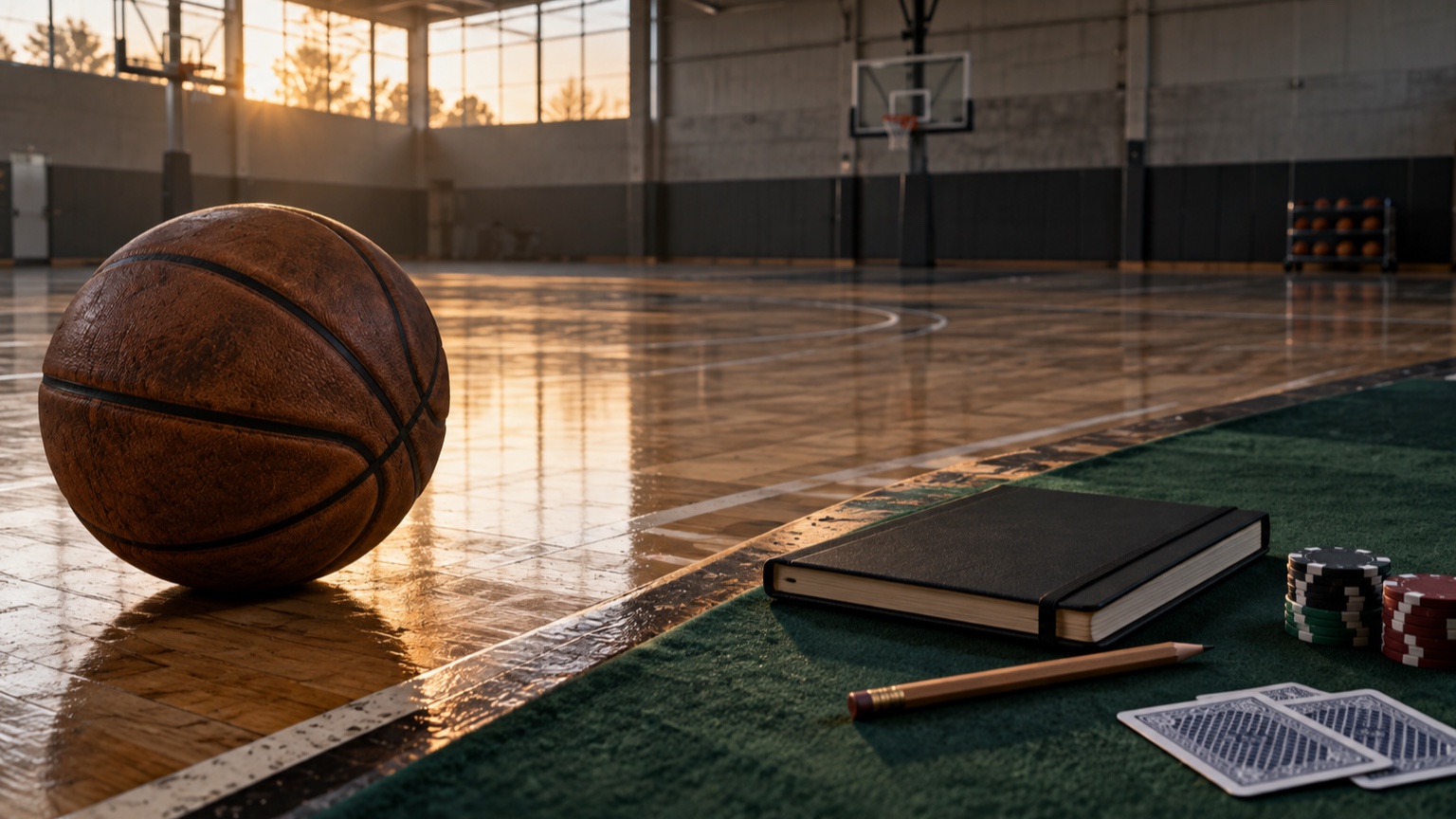 An early-morning basketball gym beside a green study table with a notebook, poker chips, and face-down cards, symbolizing learning over outcomes