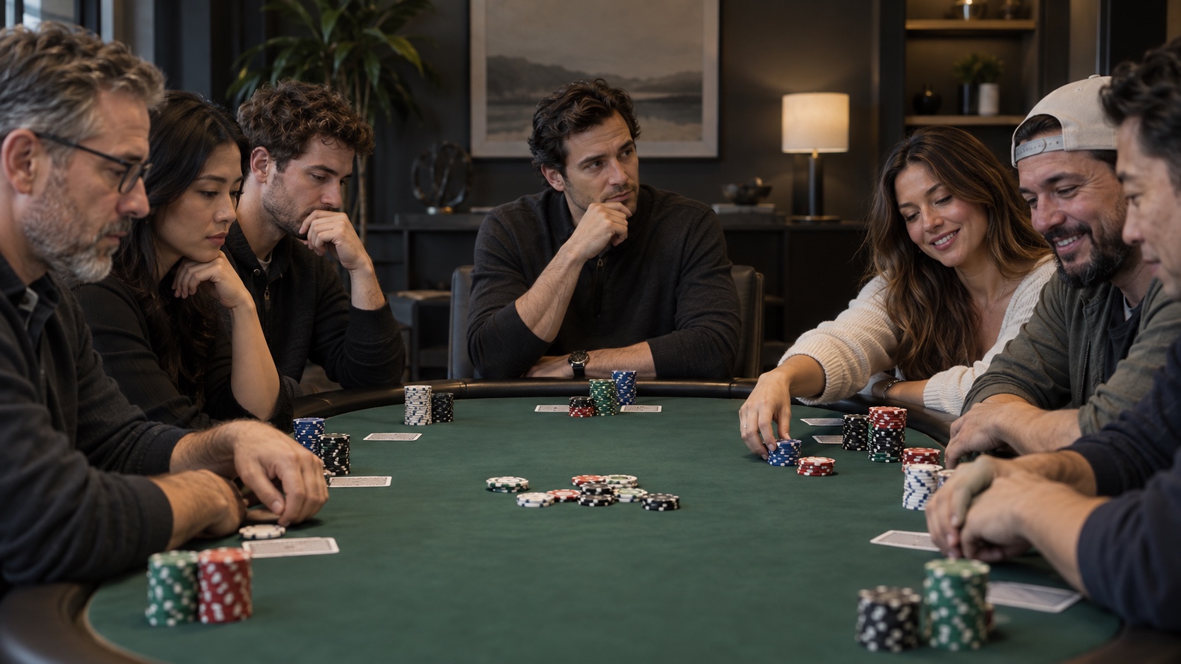 At one green poker table, restrained players study the action on one side while more relaxed players interact on the other, and an adult player observes both dynamics