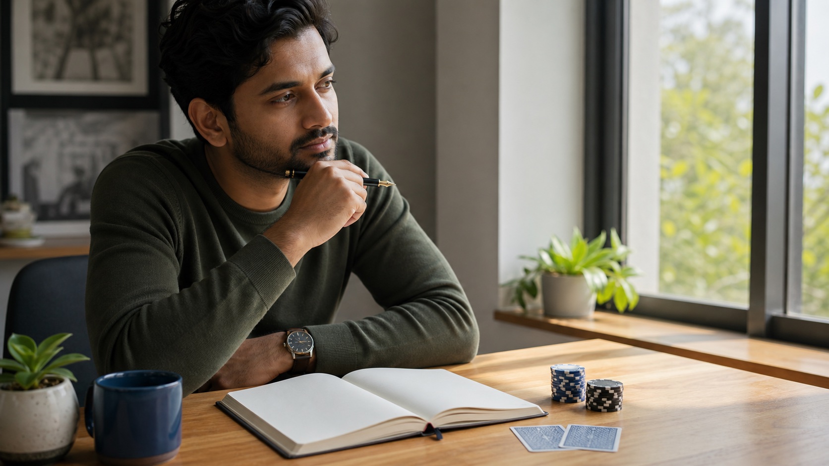 A thoughtful poker player reflecting beside an open journal