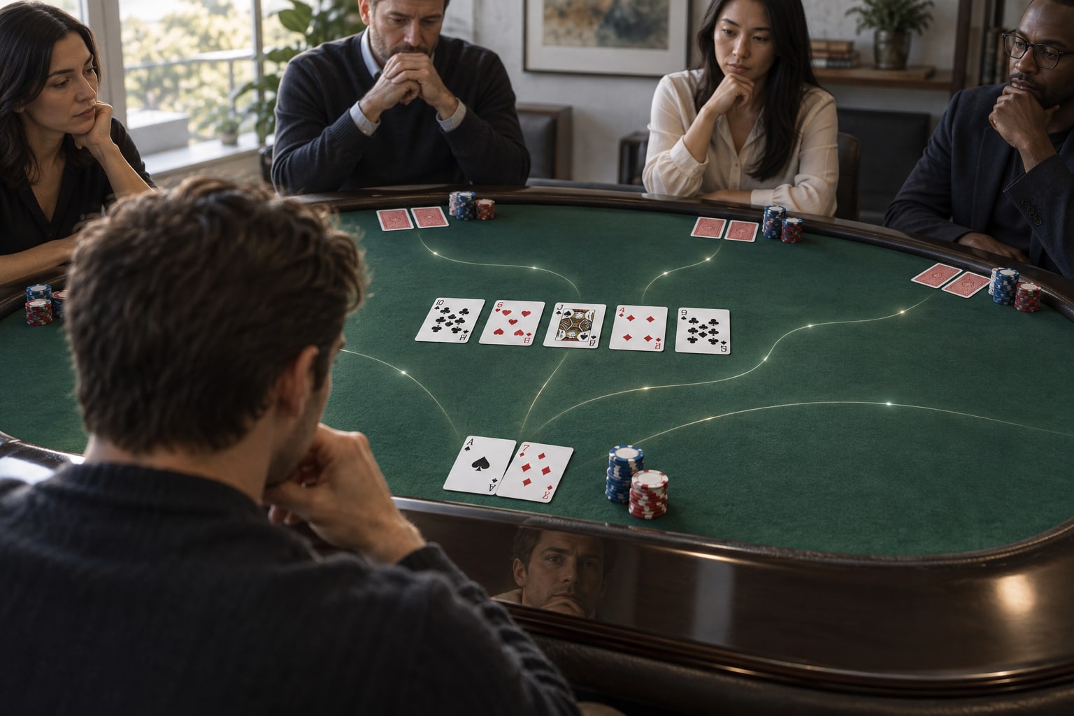 Hidden cards, branching choices, and a reflection in the table rail illustrate judgment and self-awareness under incomplete information