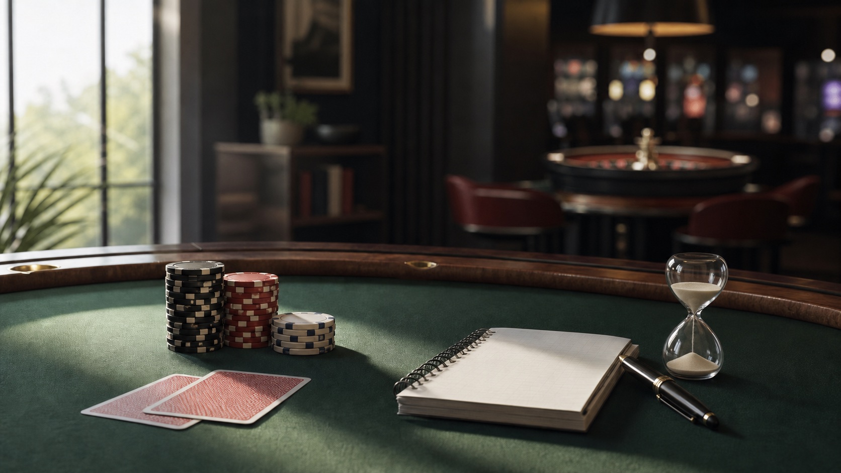 A disciplined poker study setup contrasted with a blurred game of chance