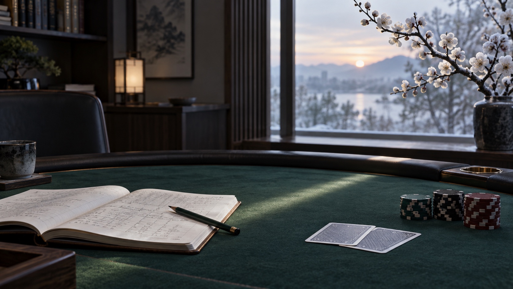 A quiet green poker table with a review notebook and white plum blossoms in winter morning light