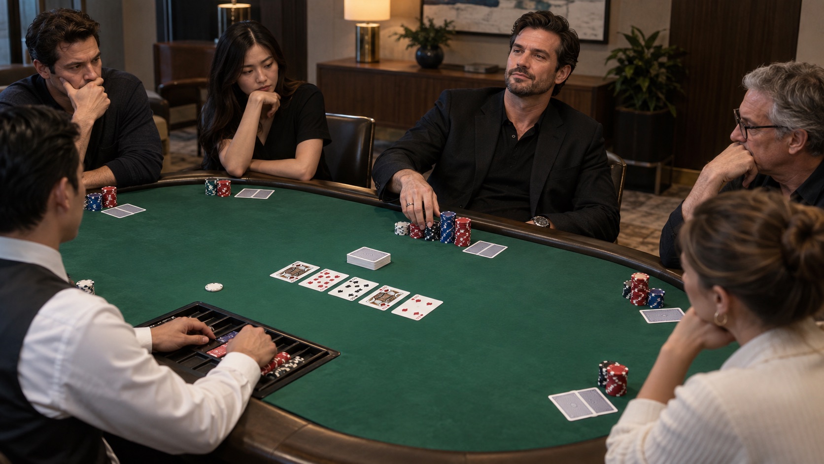 The deck remains neutral while adult players shift their posture and attention around a confident player with momentum