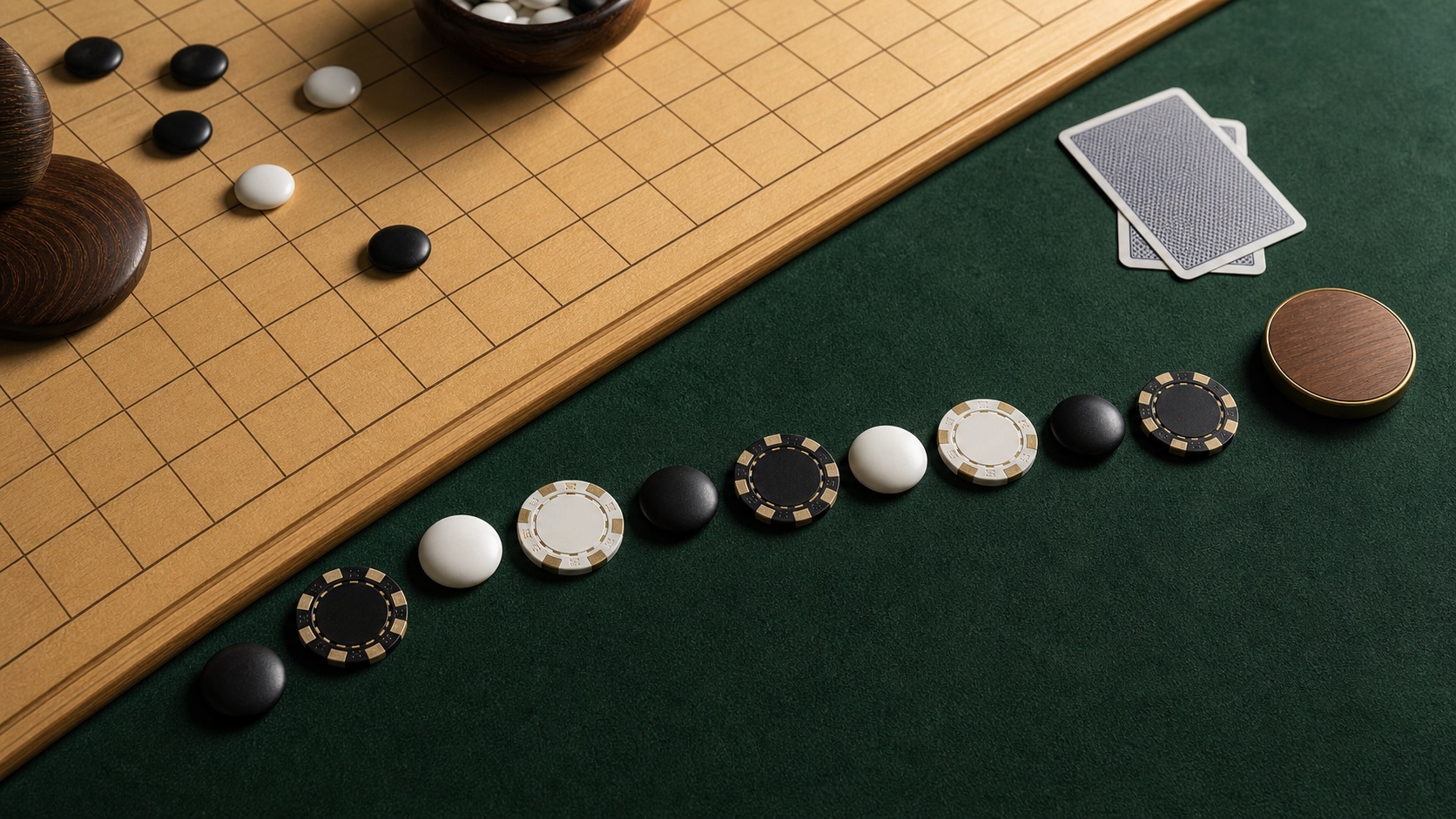 Ten black and white markers forming a path between Go and poker