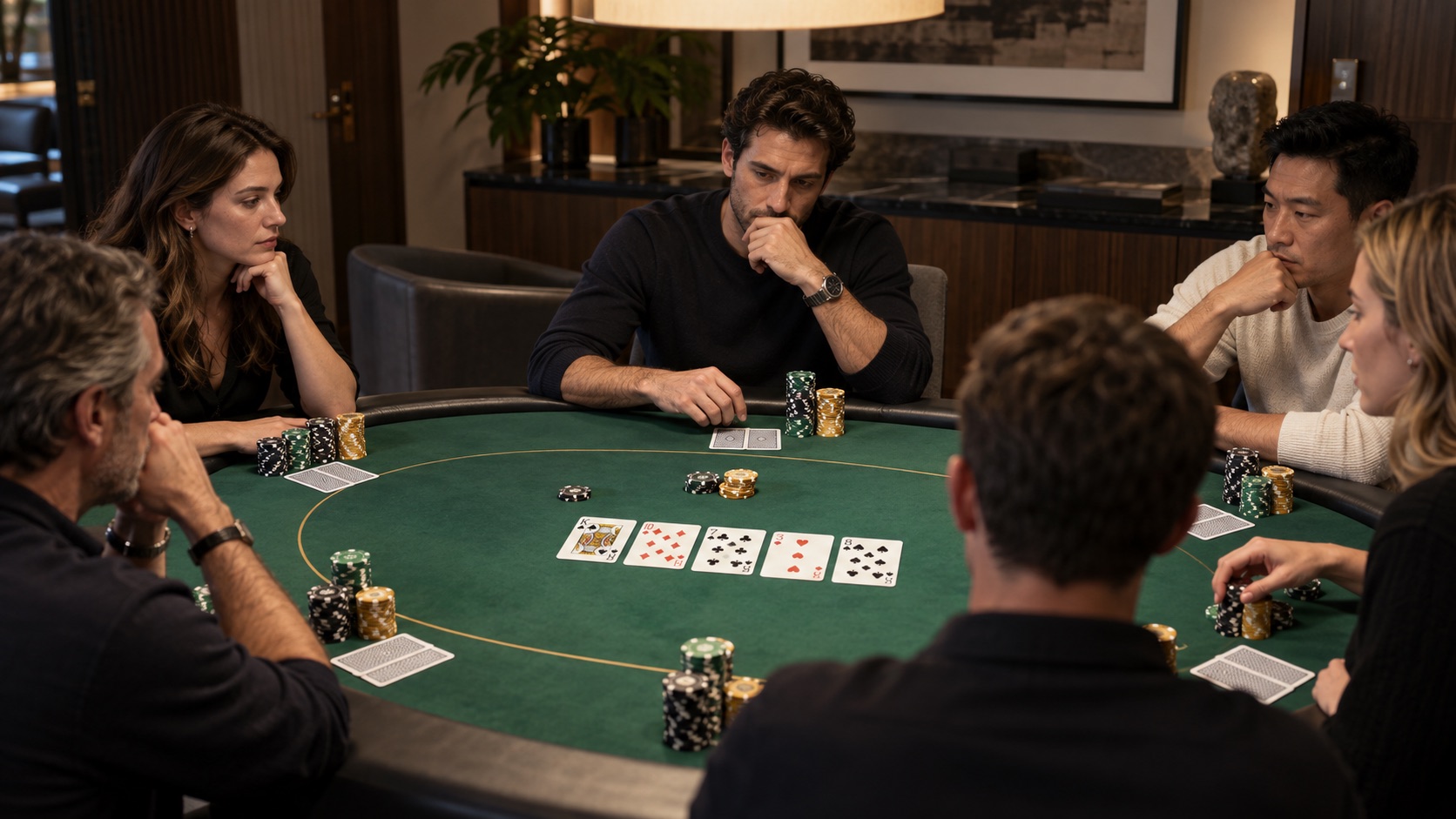 Adult poker players around a green table, where cards, different stack depths, and watchful body language represent professional skill, emotional core, and table momentum