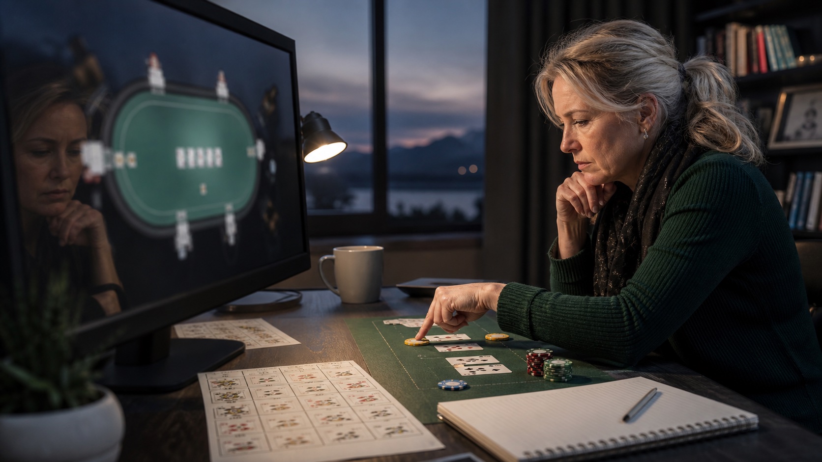 An experienced player carefully reviewing a poker hand at dusk