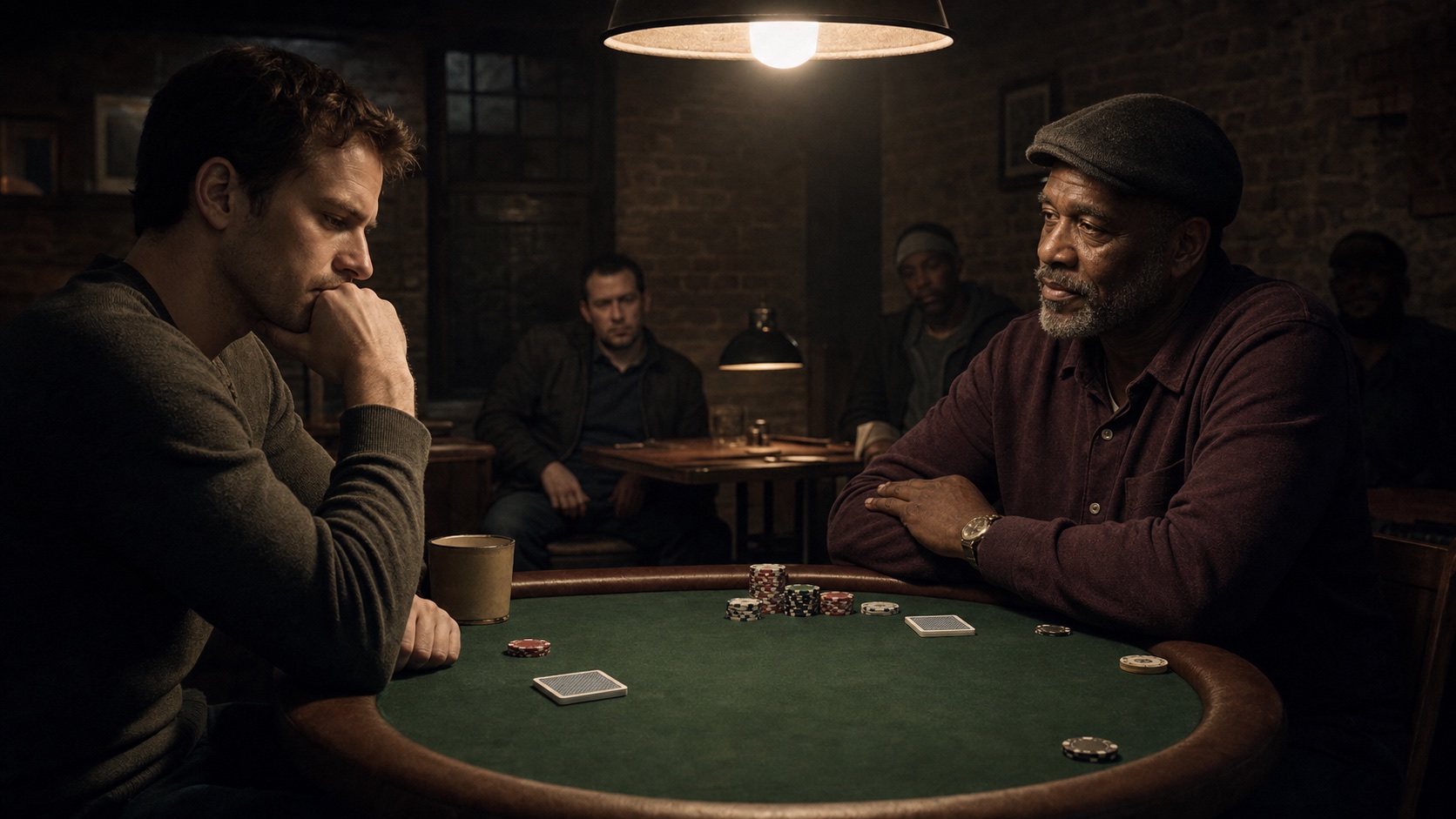 Two original poker players facing a decisive basement game