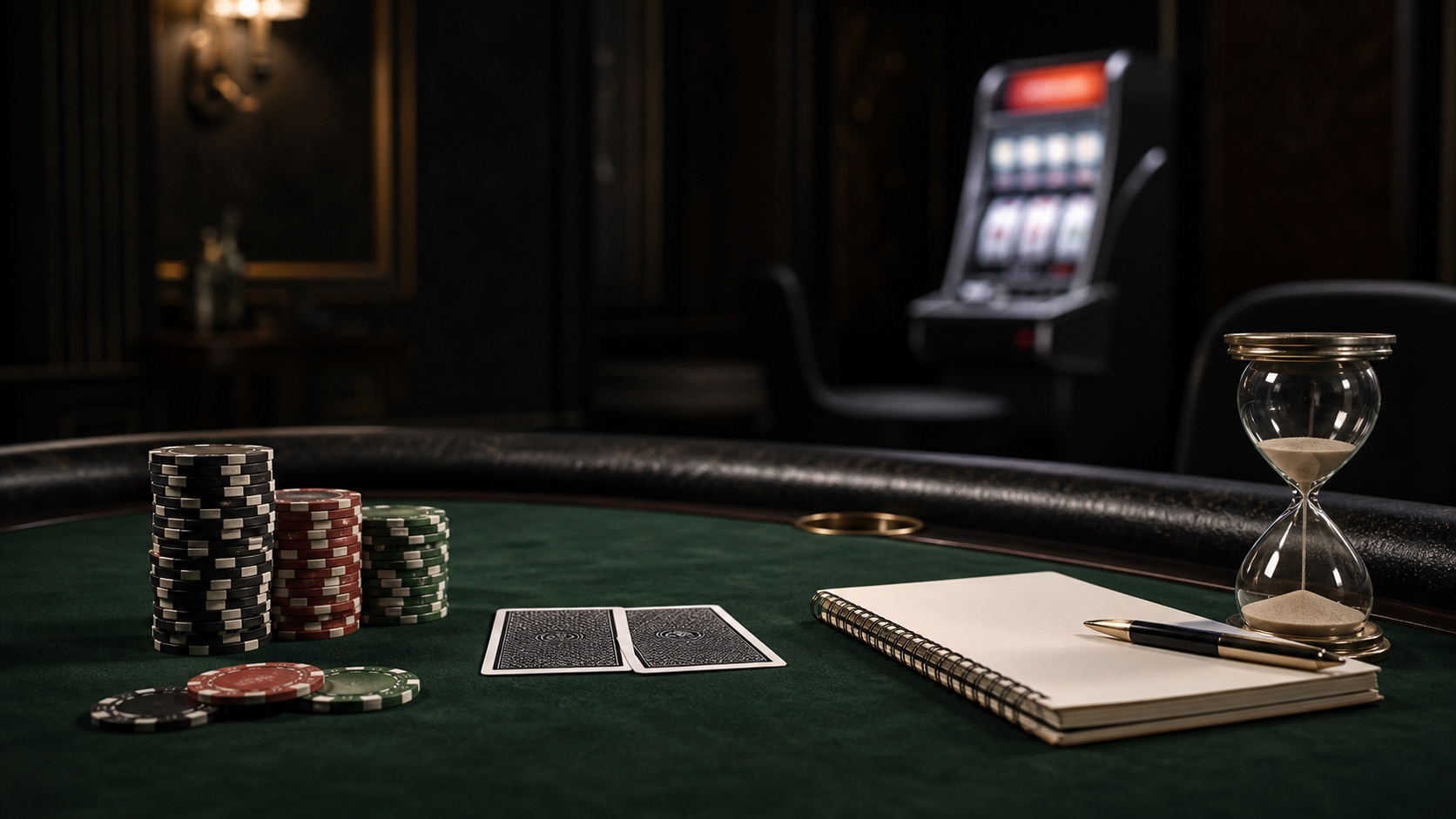 A disciplined poker study table with a blurred slot machine behind it