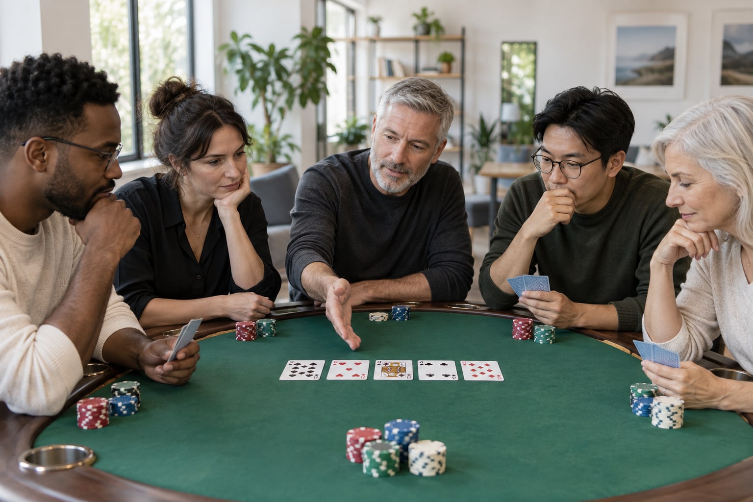 Five adults of different ages discussing a Texas Hold'em hand around a bright table