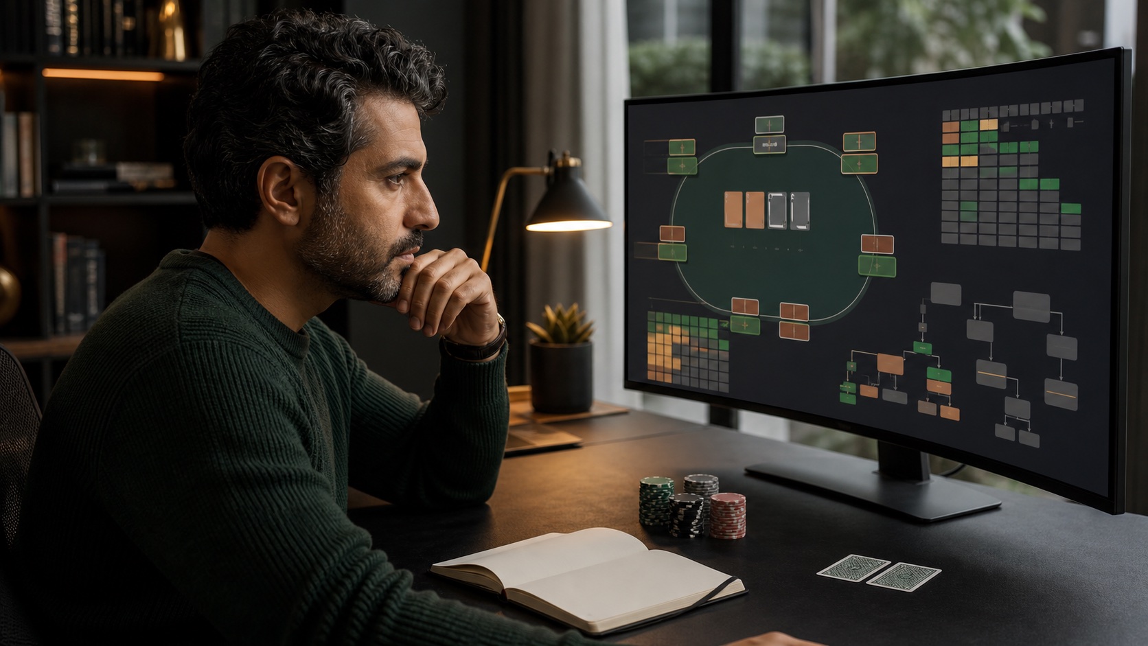 A serious poker player studying an AI-assisted hand analysis