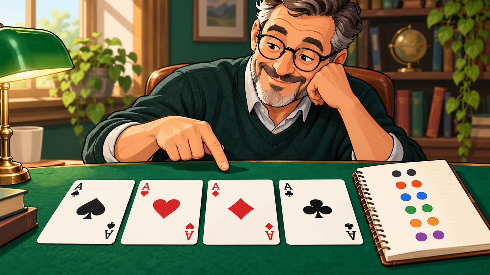 Original cartoon of an adult poker enthusiast studying four aces of different suits and recording six pairs of counting dots in a notebook