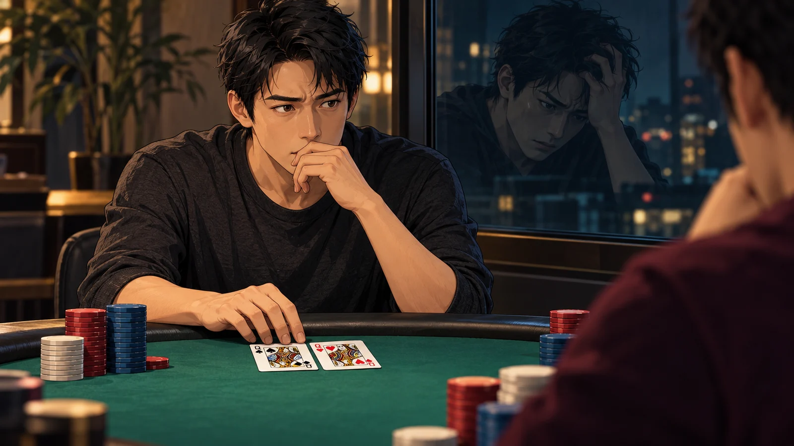 An anime-style player hesitates over the queen of spades and queen of hearts while a more anxious reflection appears in the window beside him; unnumbered demonstration chips sit on the table