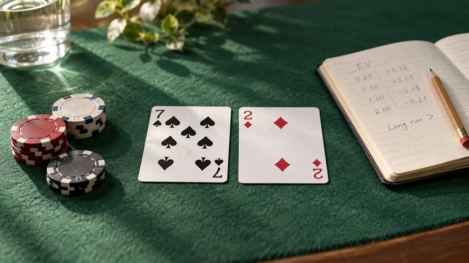 The seven of spades and two of diamonds on green poker felt beside a few chips and an accounting notebook