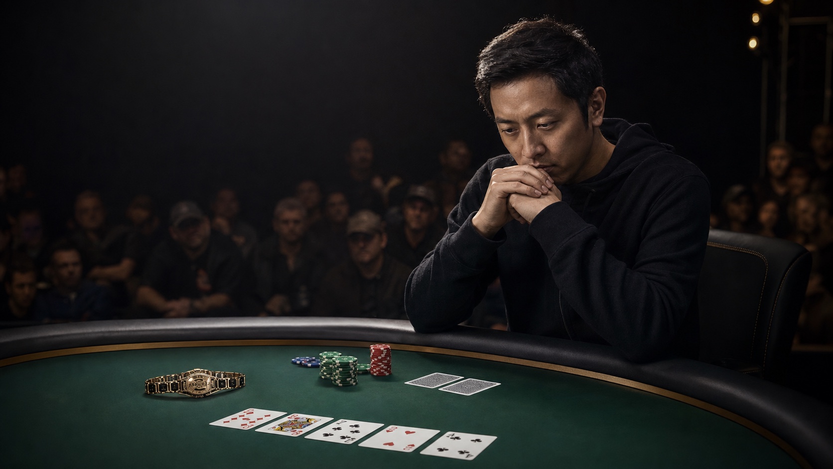 A reflective poker player, a gold bracelet, and the river card at a WSOP-style MTT final table