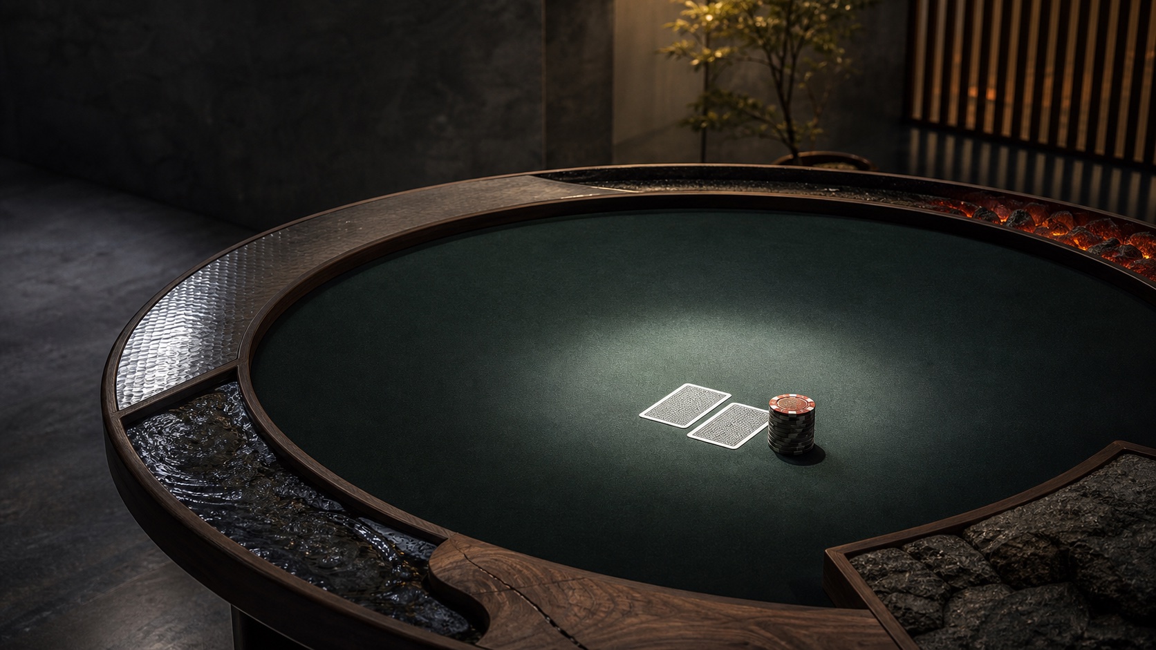 A quiet poker table formed by metal, water, wood, fire, and earth textures